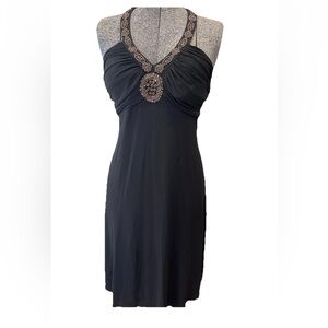 Showstopper! Body con form fitting size 4/Small black Grecian style halter dress